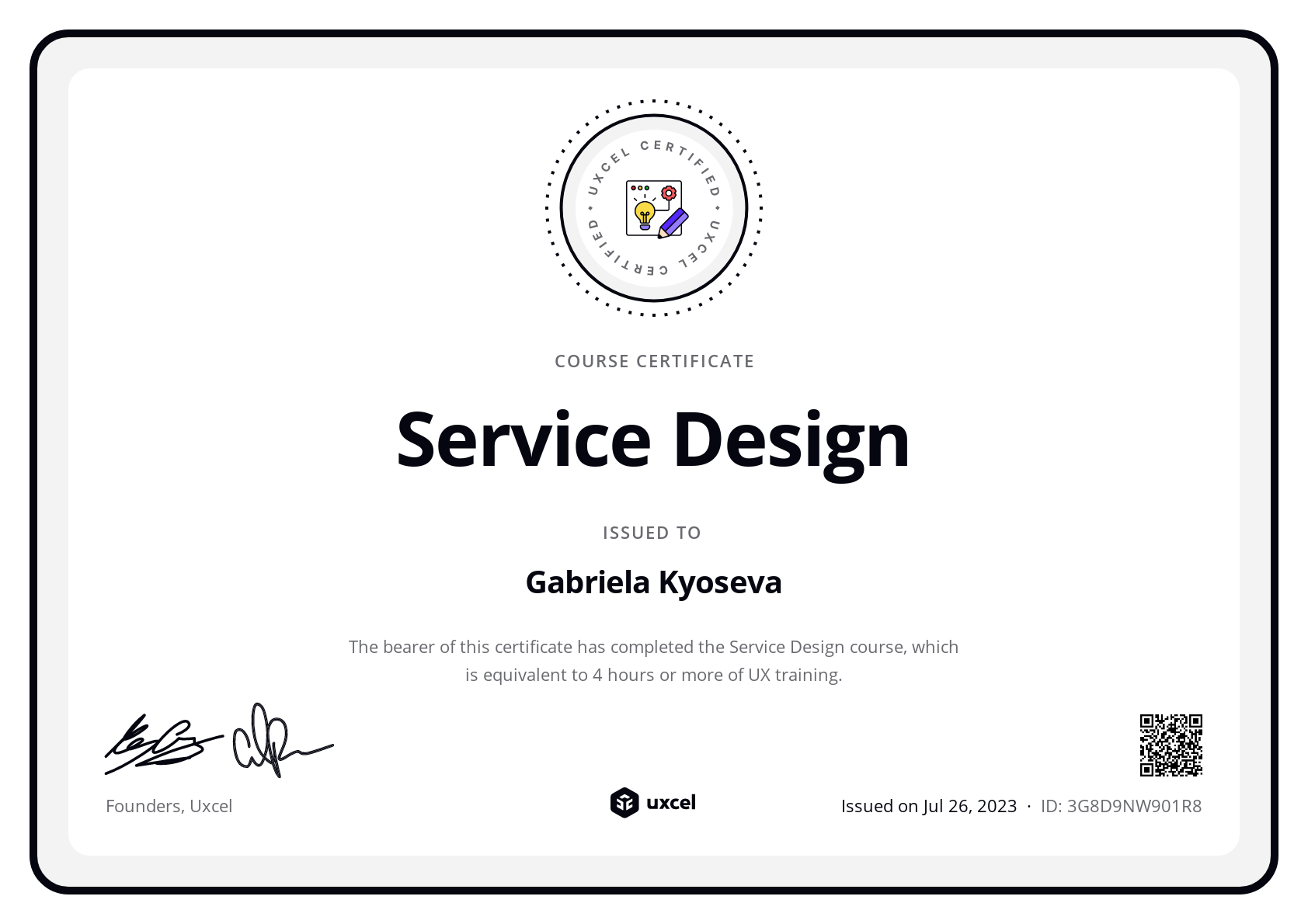 Gabriela Kyoseva's certificate